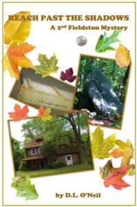 Photos of a building, woods, wooden box, and leaves